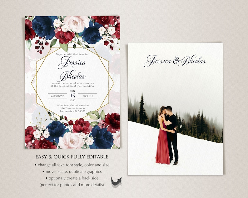 Burgundy and Navy Blue Wedding Invitation Template Suite - Etsy