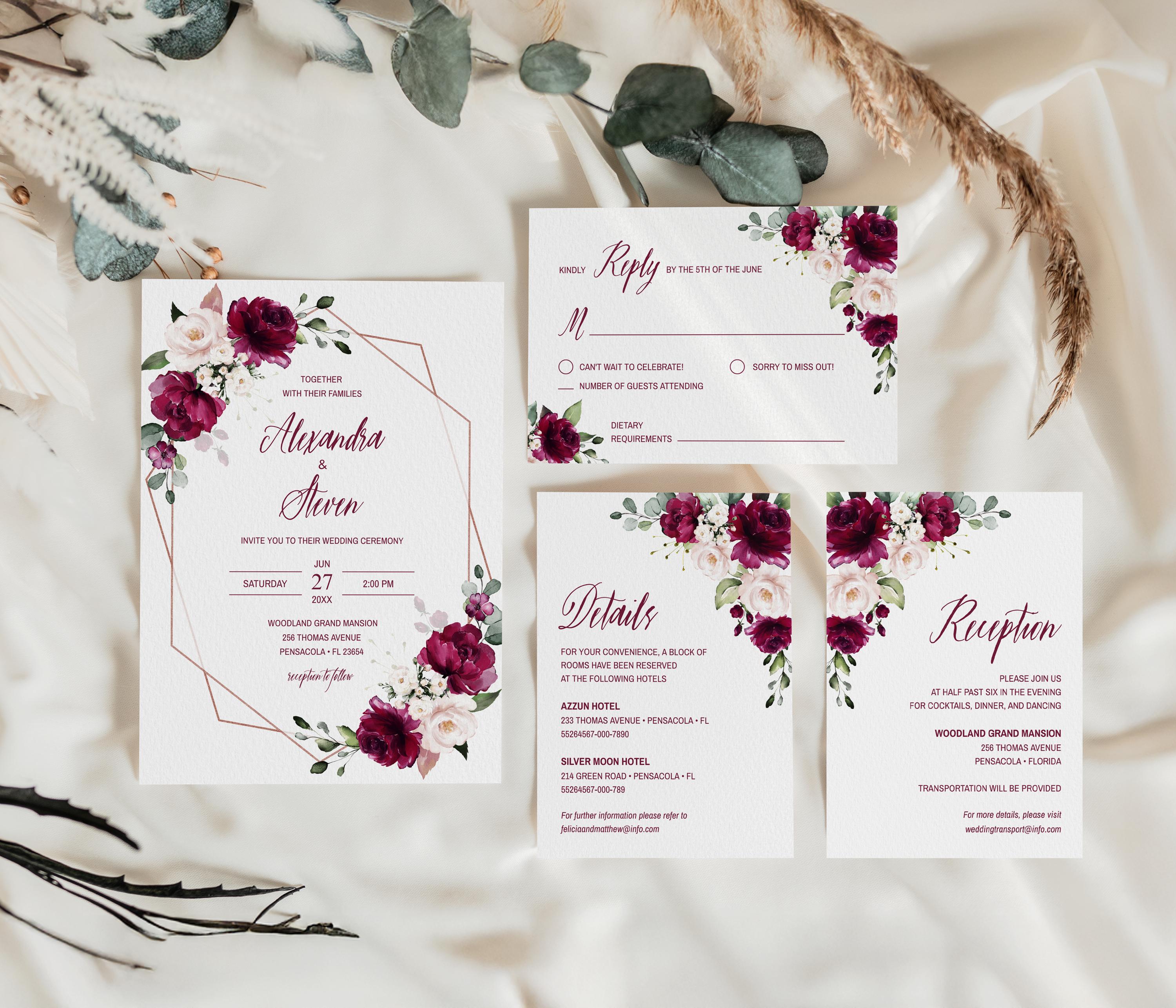 Plantilla de invitación de boda con flores burdeos, invitación de boda con  rosas Marsala • DESCARGA INSTANTÁNEA • Plantilla editable e imprimible,  A106 - Etsy México, image size:3000x2571