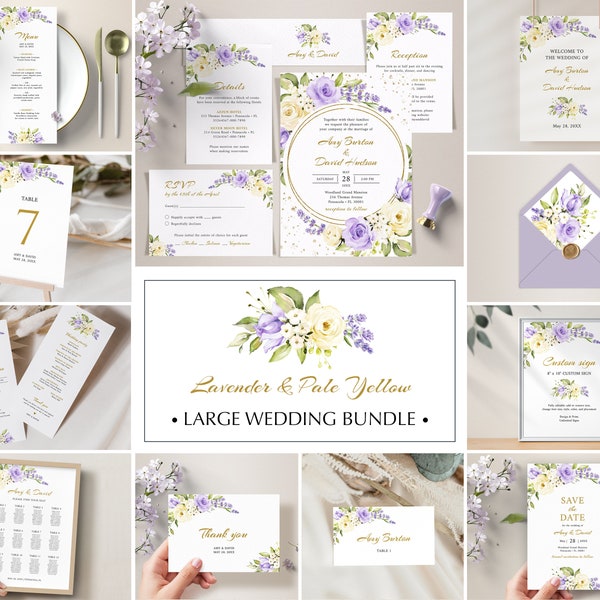 Lavender and Pale Yellow Wedding Invitation Template Big Bundle, Template Suite • INSTANT DOWNLOAD • Editable Printable Templates, #140