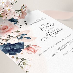 Navy Blue and Blush Pink Wedding Invitation Template and RSVP Card (Digital Download) A120 image 6