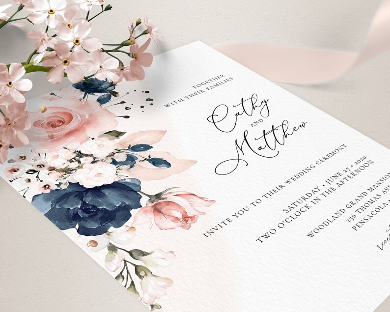 Navy Blue and Blush Pink Wedding Invitation Template and RSVP Card (Digital Download) A120 image 6