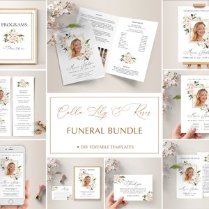 Funeral Templates Bundle, White Flowers Funeral Memory Package • INSTANT DOWNLOAD • Celebration of Life, Editable, Printable Templates