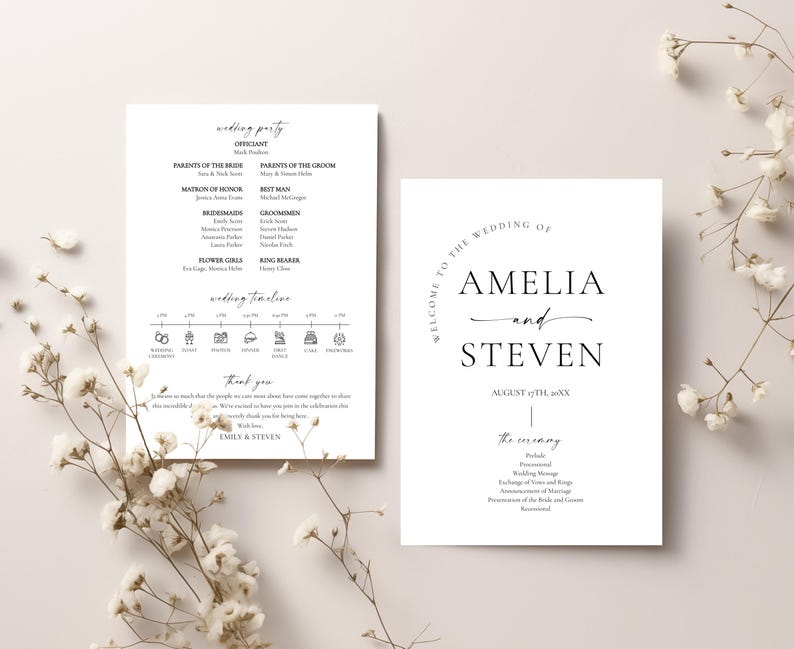 May include: Two white wedding stationery cards with black text. One card lists the wedding party, including the officiant, parents, and wedding party members. The other card says "Welcome to the Wedding of Amelia and Steven" and the date.