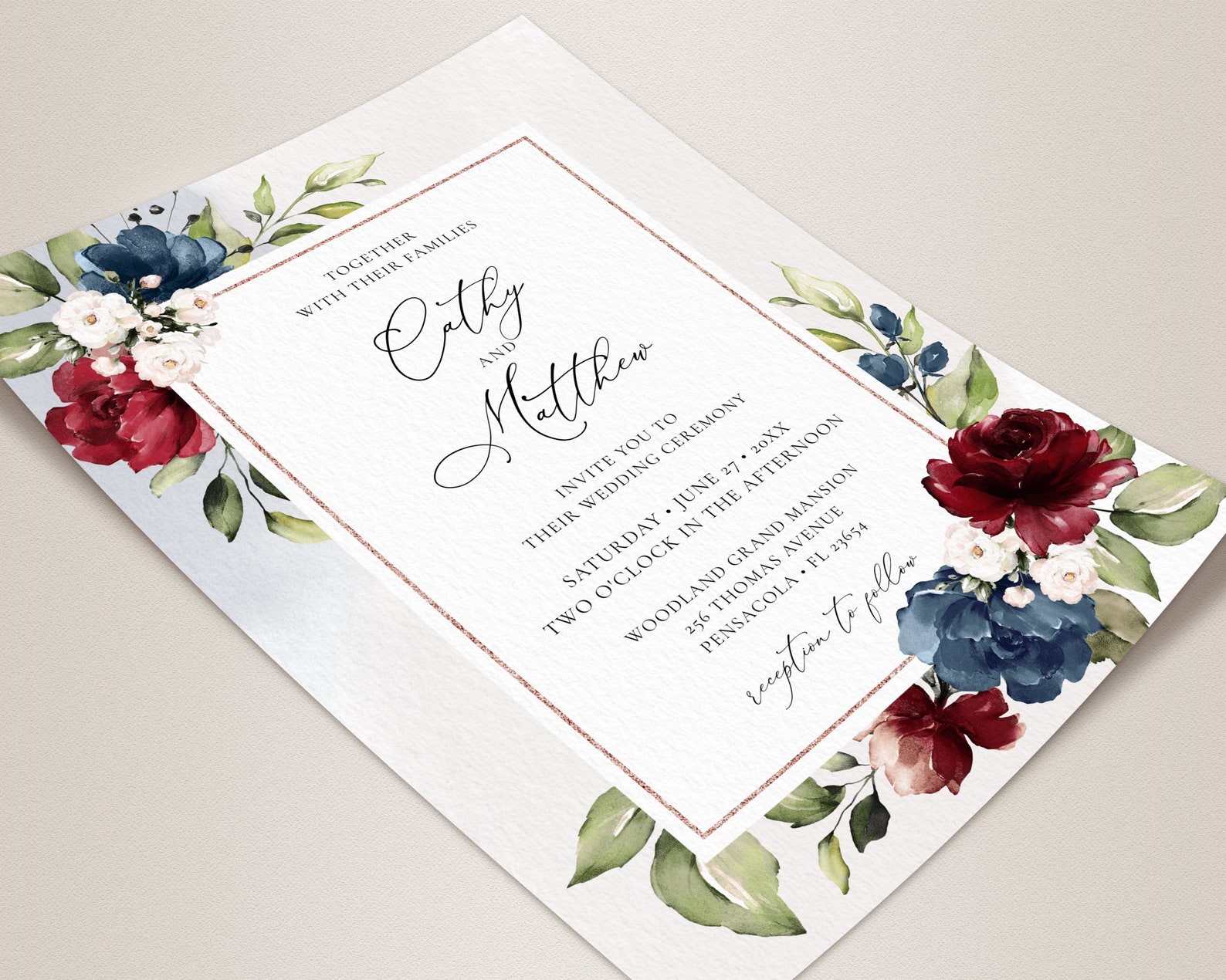 Navy Blue and Burgundy Wedding Invitation Template Suite - Etsy