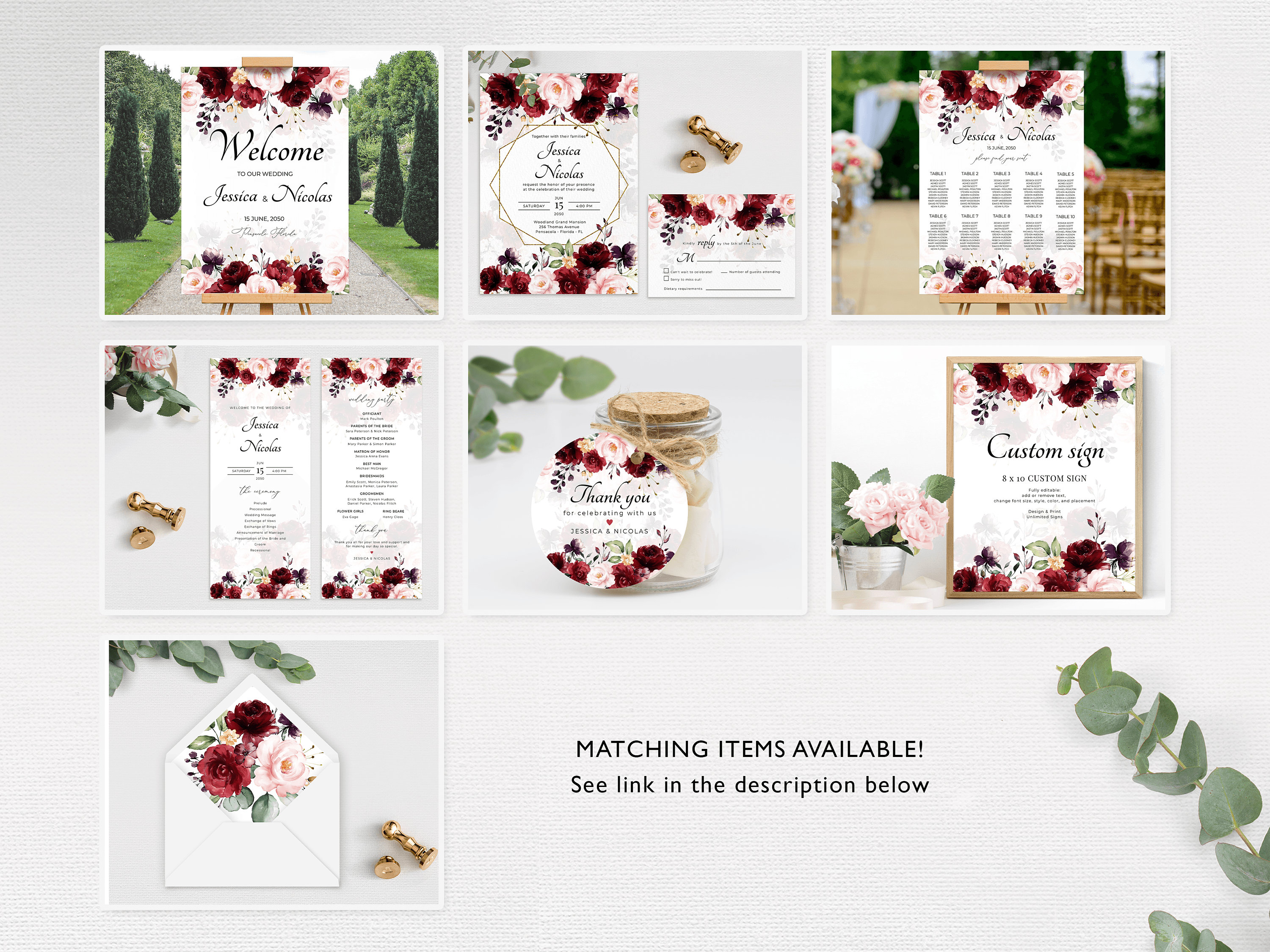 Printable Burgundy Wedding Place Cards Templates Marsala - Etsy