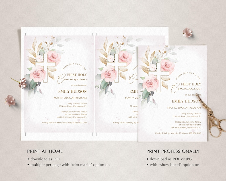 Light Pink First Holy Communion Invitation Template • INSTANT DOWNLOAD ...