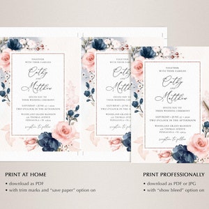 May include: Three printable wedding invitation designs featuring a floral motif with pink and blue flowers. The text on the invitations reads "Together with their families, Cathy and Matthew, invite you to their wedding ceremony, Saturday, June 17, 20XX, Two o'clock in the afternoon, Woodland Grand Mansion, 1116 Thomas Avenue, Pensacola, FL 32514, reception to follow."
