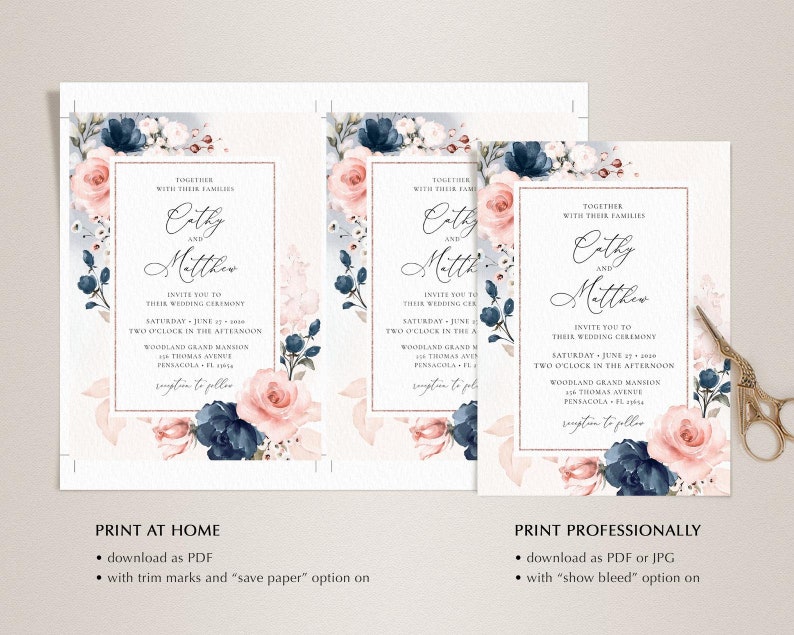 May include: Three printable wedding invitation designs featuring a floral motif with pink and blue flowers. The text on the invitations reads "Together with their families, Cathy and Matthew, invite you to their wedding ceremony, Saturday, June 17, 20XX, Two o'clock in the afternoon, Woodland Grand Mansion, 1116 Thomas Avenue, Pensacola, FL 32514, reception to follow."