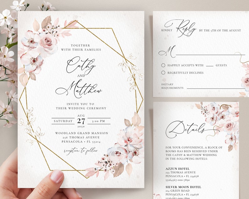 Boho Rustic Invitation Template Set, Rustic Wedding Invite with Light Pink Roses INSTANT DOWNLOAD Editable, Printable Template, A125 image 1