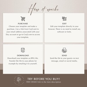 May include: A beige graphic with the text "How it works" and four steps: Purchase, Edit, Download, and Send. Each step includes a brief description and an icon. The bottom of the graphic says "Try before you buy!" with a demo link.