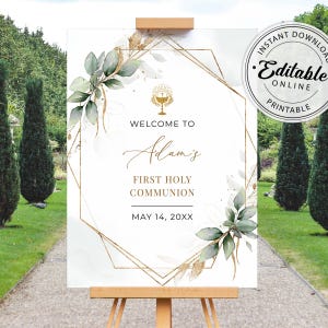 Greenery First Holy Communion Welcome Sign Template • INSTANT DOWNLOAD • Editable, Printable Template, A112
