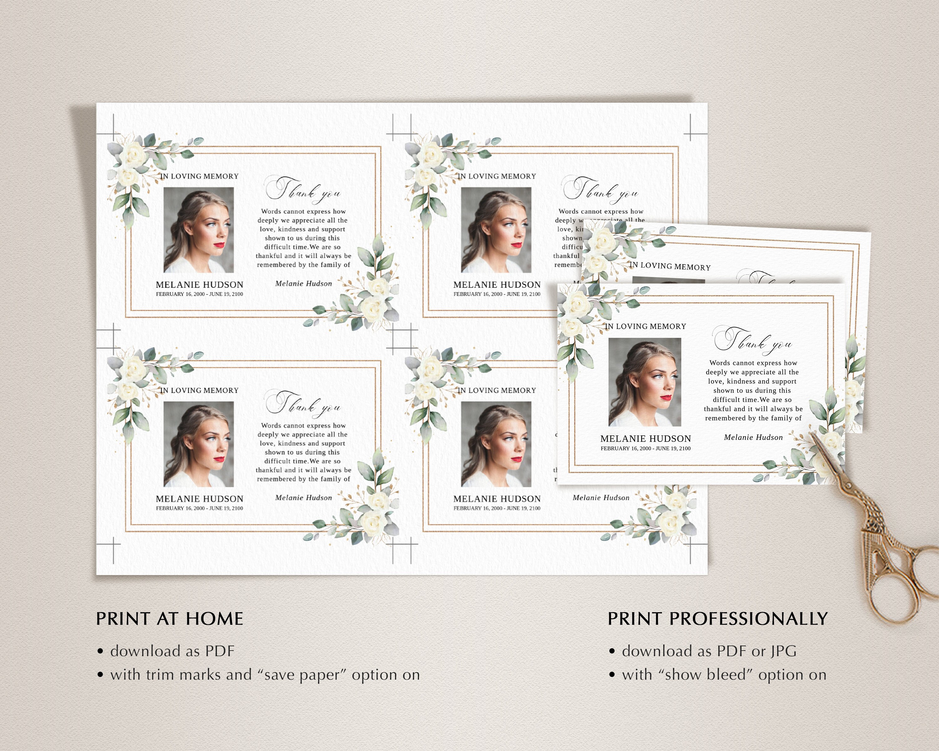 White Roses Funeral Thank You Card Template (printable, Editable ...