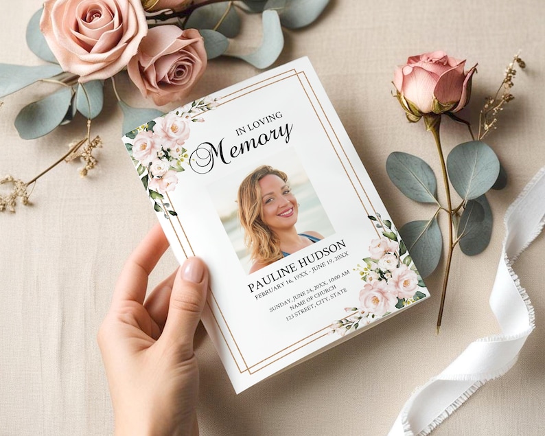 Editable Funeral Program Template Bundle, Pink Rose Memorial Suite, Funeral Templates, Printable, Instant Download image 6