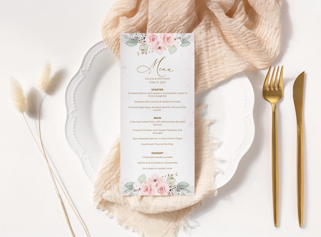 Menu Template With Pink Roses (wedding, Bridal Shower, Baptism, Dinner ...