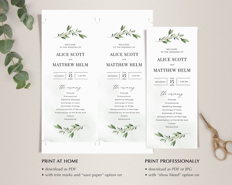 Boho Greenery Wedding Program Template A104 Printable Template Minimalist Program Template \u2022 INSTANT DOWNLOAD \u2022 Editable