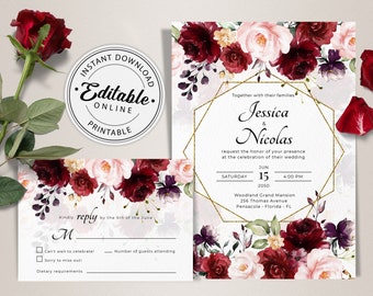 Könnte beinhalten: Hochzeitseinladung mit burgunderrotem und rosafarbenem Blumendesign. Die Einladung zeigt einen goldenen geometrischen Rahmen mit dem Text "Jessica & Nicolas" und Hochzeitsdetails. Die RSVP-Karte zeigt ein ähnliches Blumendesign mit einem Antwortbereich.