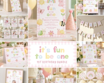 It's Fun To Be One 1st Birthday Invitation Template Bundle • Whimsy Birthday Set • Editable, Printable Digital Download