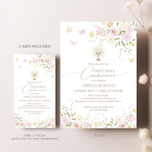 May include: Two First Holy Communion invitations. The design features floral and butterfly accents in soft pastel colors. The text includes the name Amelia Burton, date, time, and location. One invitation is 5 x 7 inches, the other is sized for smartphones.
