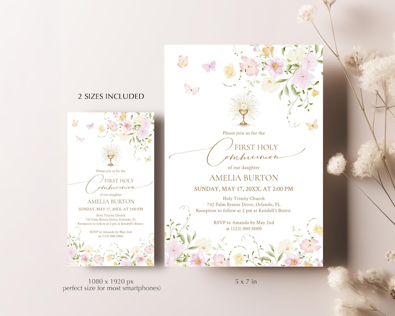 May include: Two First Holy Communion invitations. The design features floral and butterfly accents in soft pastel colors. The text includes the name Amelia Burton, date, time, and location. One invitation is 5 x 7 inches, the other is sized for smartphones.