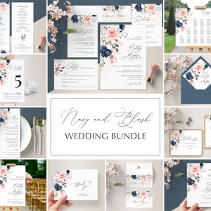 Navy Blue and Blush Pink Wedding Invitation Template Bundle, Wedding Large Bundle • INSTANT DOWNLOAD • Editable, Printable Templates, A120