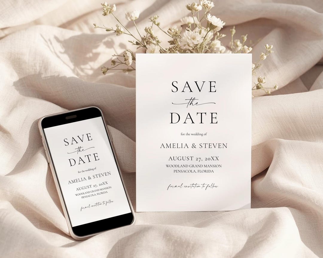 Minimalist Wedding Save the Date Template • Modern Editable Invite ...