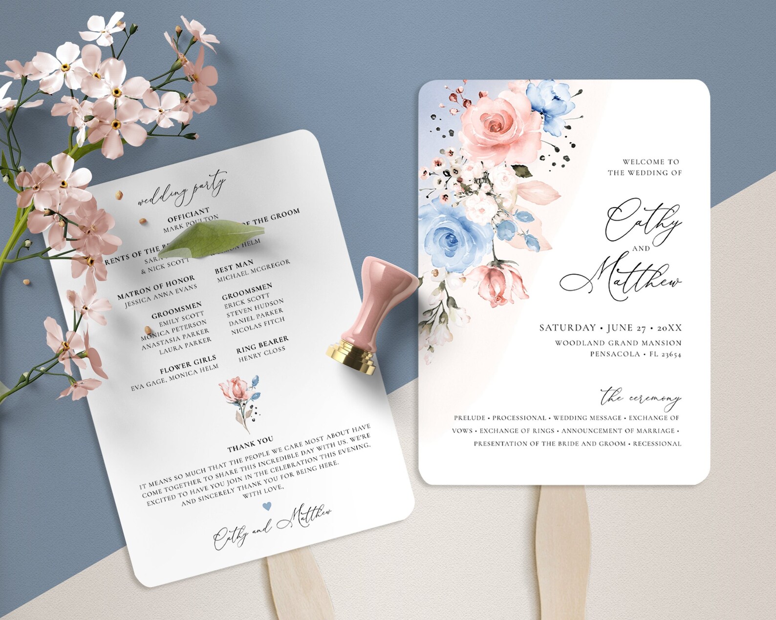Dusty Blue and Blush Pink Fan Wedding Program Template, Wedding Order