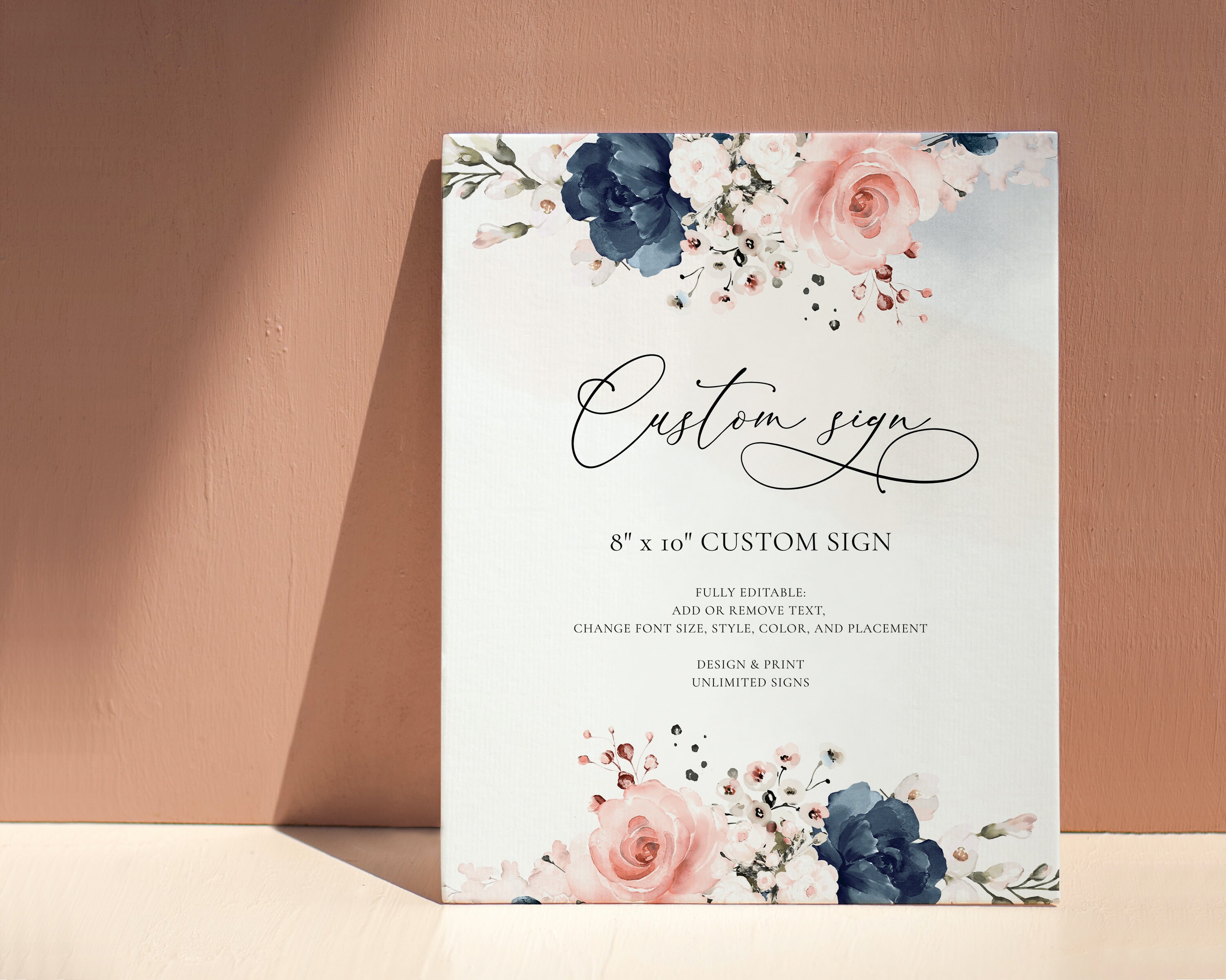 Blush Pink and Navy Blue Custom Sign Template, Editable Printable ...