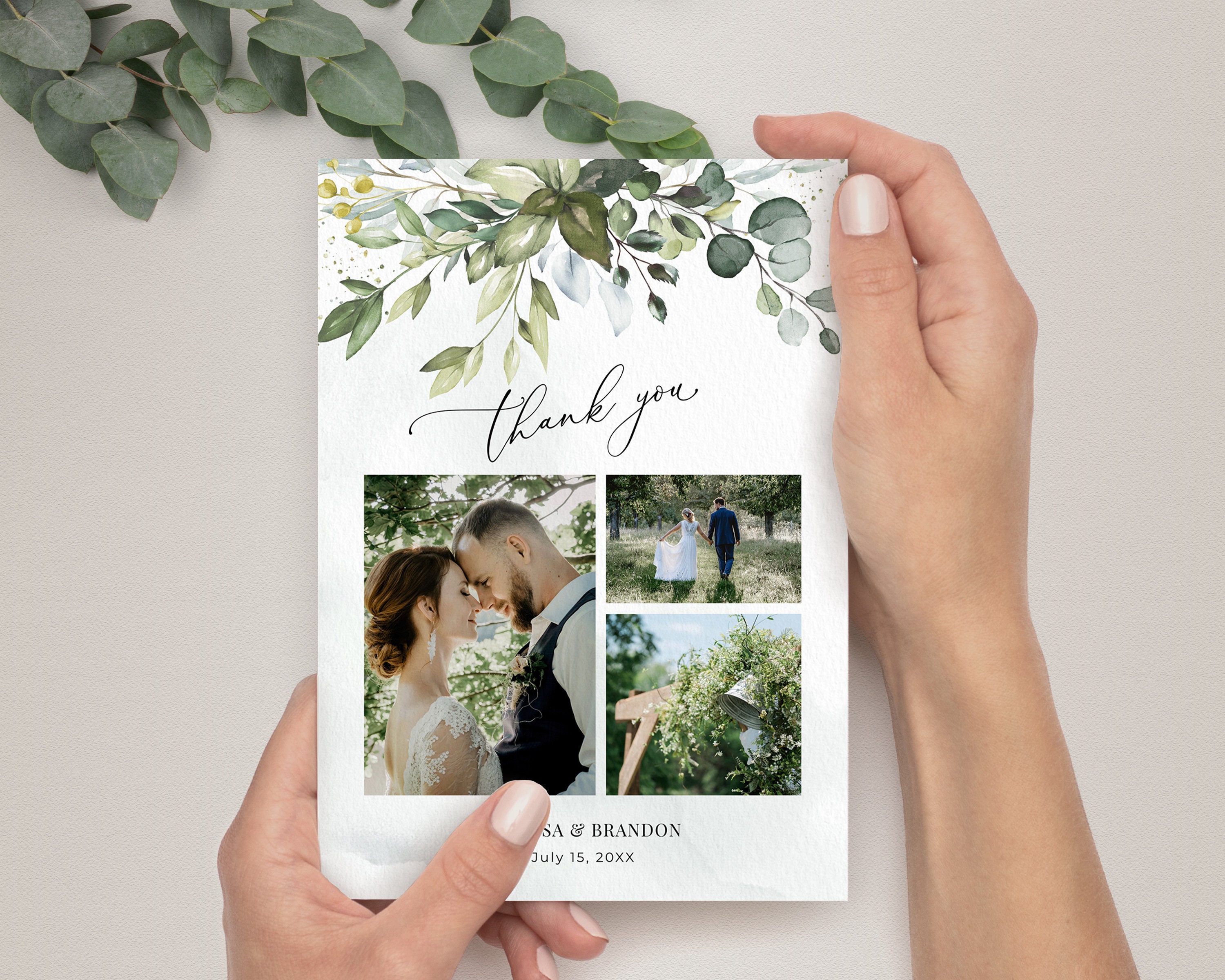 Greenery Wedding Thank You Card Template With Photos (digital Download ...