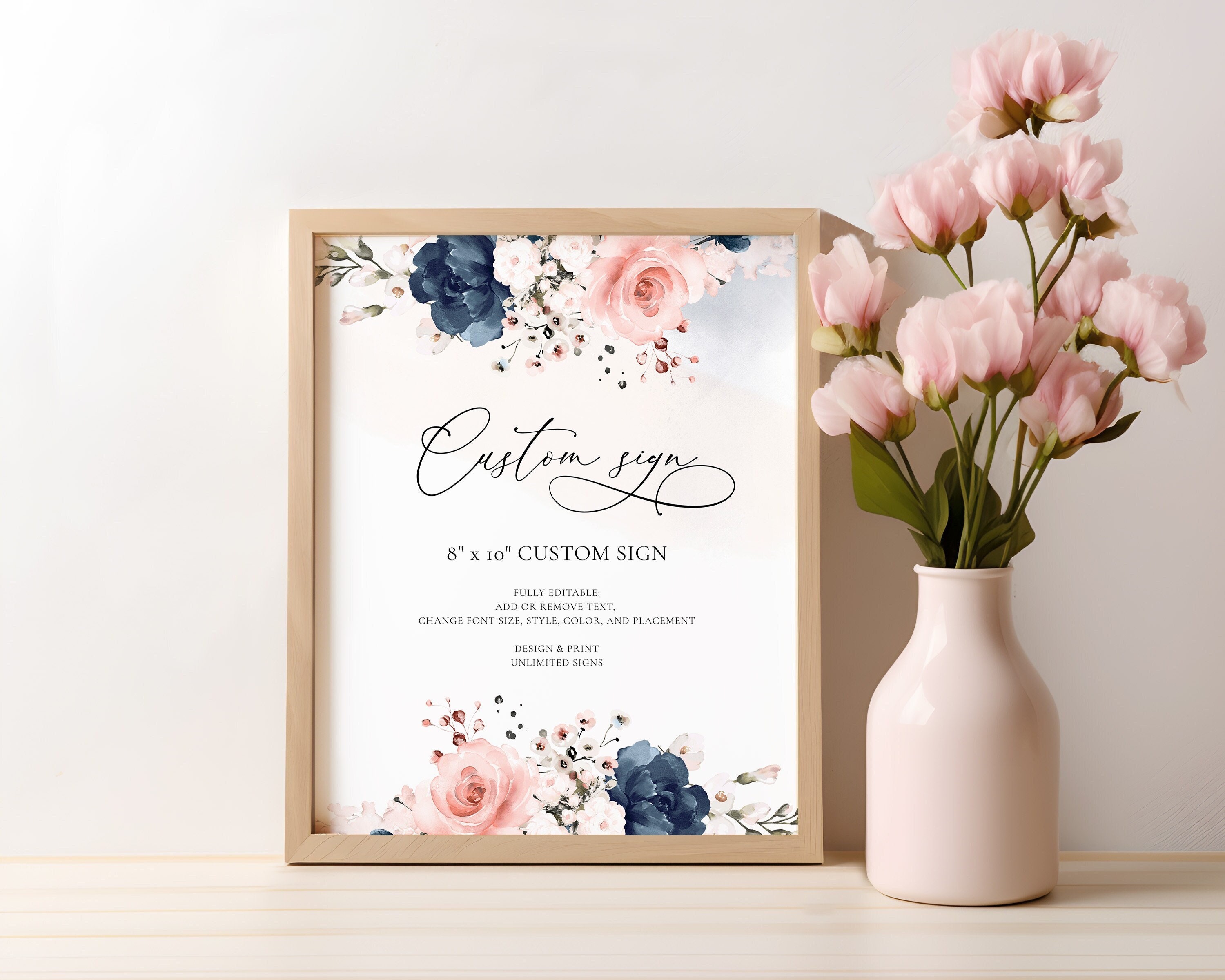 Blush Pink and Navy Blue Custom Sign Template, Editable Printable ...