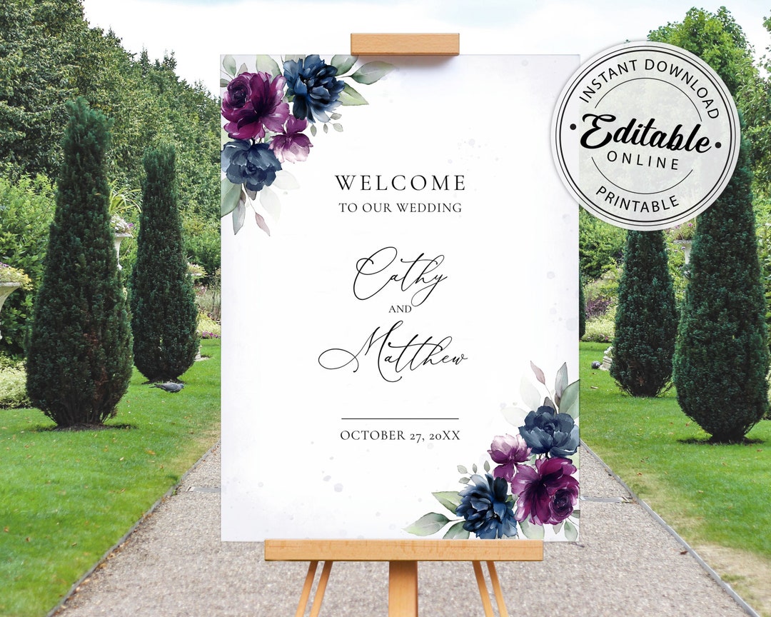 Purple & Navy Floral Wedding Welcome Sign Template (digital Download ...