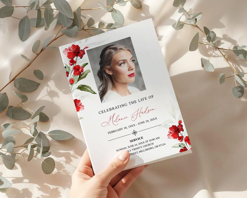 Red Poppies Bi-fold Funeral Program Template • Editable, Printable ...