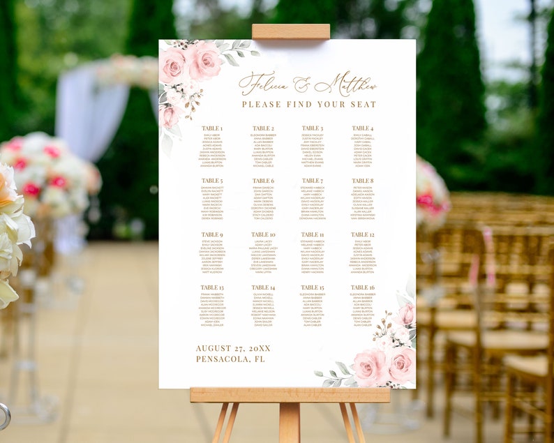 Wedding Seating Chart Template with Pale Pink Roses INSTANT DOWNLOAD Editable, Printable Template, 126 image 4