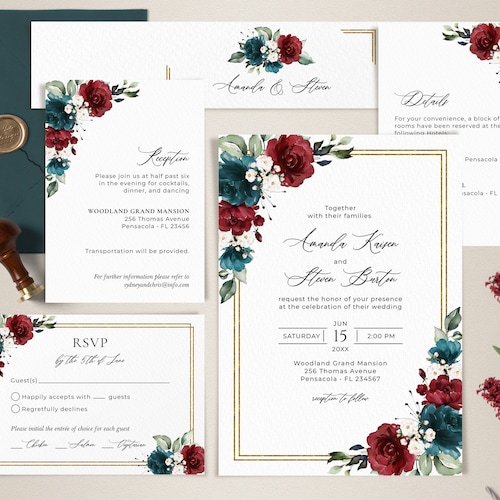 Navy Blue And Burgundy Wedding Invitations Printable