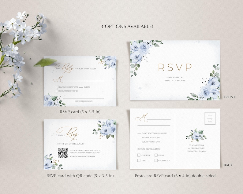 Dusty Blue Floral Wedding RSVP Card Template (Digital Download) #127 image 2