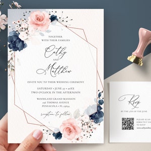 Modèle de faire-part de mariage bleu marine et rose poudré, invitation et modèle de carte RSVP • TÉLÉCHARGEMENT IMMÉDIAT • Modèle modifiable, imprimable, A120