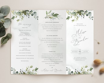 Trifold Wedding Program Template with Eucalyptus, Greenery Trifold Wedding Program • INSTANT DOWNLOAD • Editable, Printable Template, A107