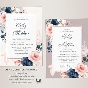 May include: A wedding invitation with a floral design featuring pink and blue flowers. The invitation is for Cathy and Matthew's wedding on June 27, 2020, at two o'clock in the afternoon at the Woodland Grand Mansion. The invitation is fully editable and includes instructions for changing the text, font style, color, and size, as well as moving, scaling, and duplicating graphics. The invitation also allows for changing the background color.