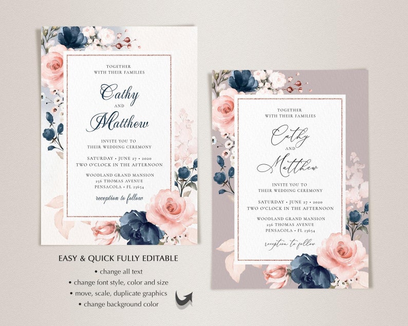 May include: A wedding invitation with a floral design featuring pink and blue flowers. The invitation is for Cathy and Matthew's wedding on June 27, 2020, at two o'clock in the afternoon at the Woodland Grand Mansion. The invitation is fully editable and includes instructions for changing the text, font style, color, and size, as well as moving, scaling, and duplicating graphics. The invitation also allows for changing the background color.