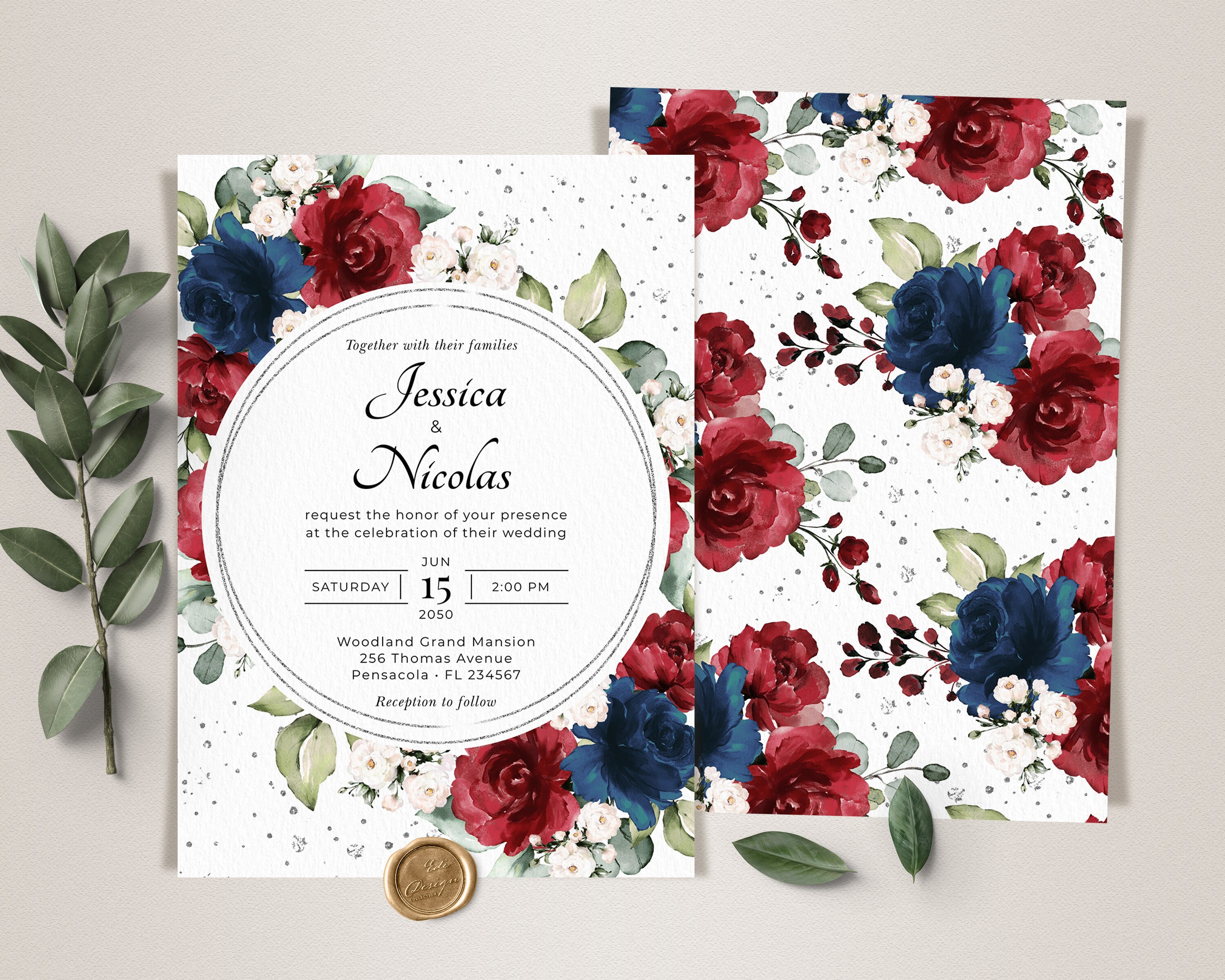 Burgundy and Navy Blue Wedding Invitation Template Wedding - Etsy