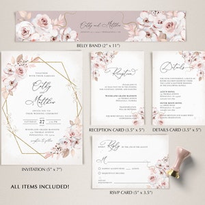 Boho Rustic Invitation Template Set, Rustic Wedding Invite with Light Pink Roses INSTANT DOWNLOAD Editable, Printable Template, A125 image 3