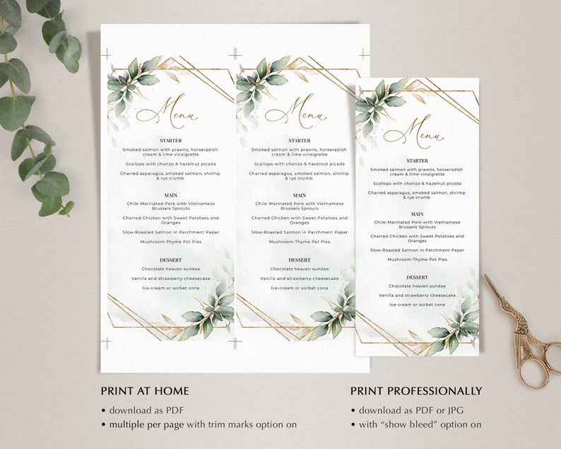 Greenery Menu Template wedding Bridal Shower Dinner Etsy