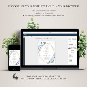 May include: A computer screen displaying a wedding invitation template with a blue and gold floral design. The text on the invitation reads "Ely & After". The screen is surrounded by green foliage.
