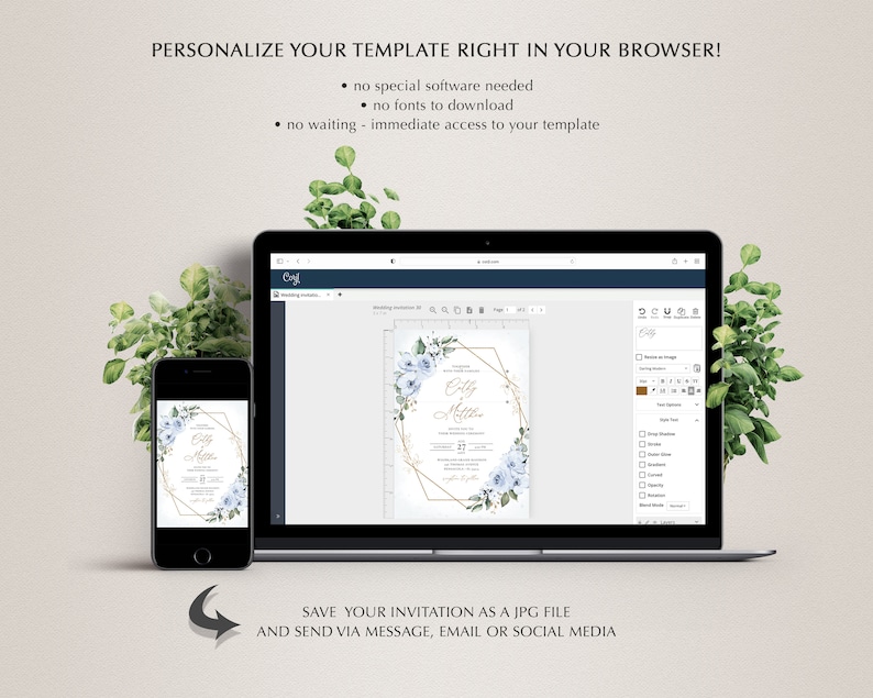 May include: A computer screen displaying a wedding invitation template with a blue and gold floral design. The text on the invitation reads "Ely & After". The screen is surrounded by green foliage.