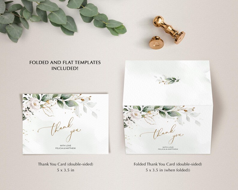 Greenery and White Roses Wedding Thank You Card Template (Digital Download), A109 image 2