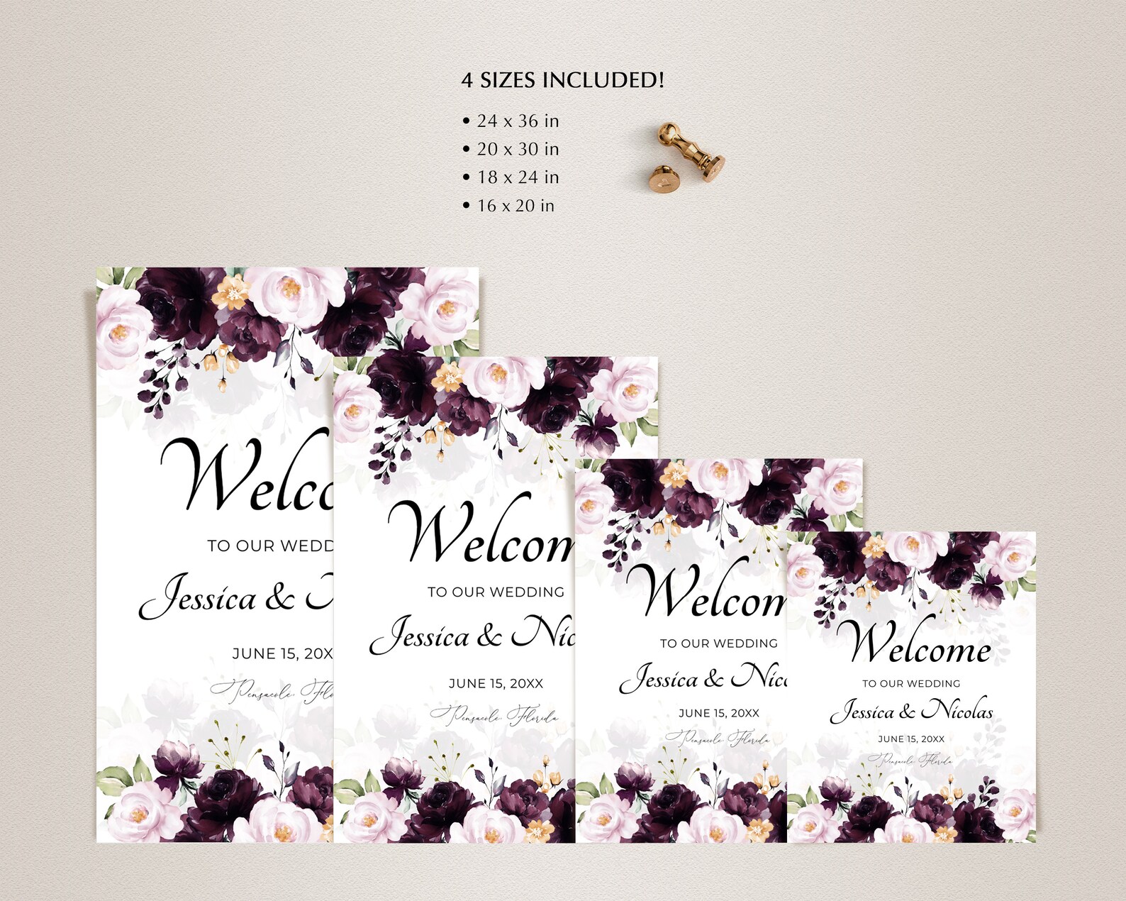 Purple Floral Wedding Welcome Sign Template (digital Download) A119 - Etsy