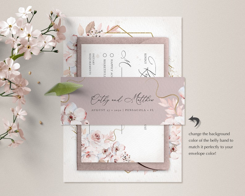 Boho Rustic Invitation Template Set, Rustic Wedding Invite with Light Pink Roses INSTANT DOWNLOAD Editable, Printable Template, A125 image 4