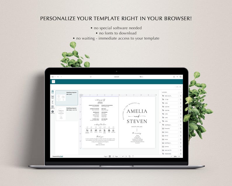 May include: A laptop displays a wedding program template with the names "Amelia and Steven." The screen shows a design with text and icons. The text above the laptop reads, "PERSONALIZE YOUR TEMPLATE RIGHT IN YOUR BROWSER!"