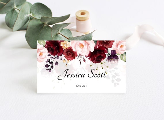 Printable Burgundy Wedding Place Cards Templates Marsala | Etsy