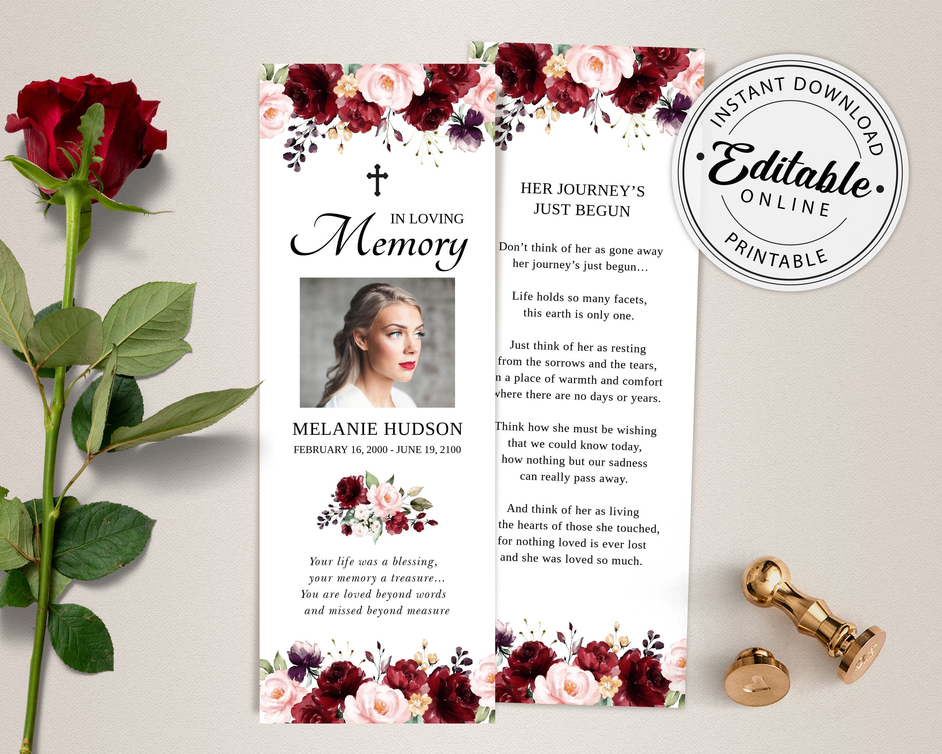 Burgundy Funeral Bookmark Template, Celebration of Life Bookmark, Funeral  Keepsake Cards, Memorial Card for Remembrance Regarding Remembrance Cards Template Free