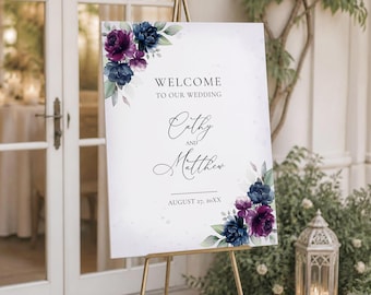 Purple and Navy Blue Wedding Welcome Sign Template, Editable, Printable Digital Download,  A131